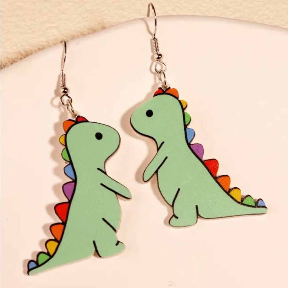 Earrings Green Dinosaur Cartoon Rainbow Pierced Cute Fun New